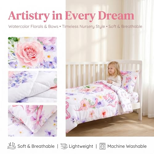 Image of Pea Pod Floral Toddler Bedding Set for Girls, 4 Piece Bed-in-a-Bag Toddler Comforter Sets Cute Bowknot Princess Crib Bed Set | Include Quilt Comforter, Flat Sheet, Fitted Sheet, Pillowcase, Super Soft