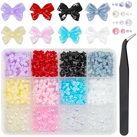 qiipii Style B Bows Nail Charms 3D Black White Pink 8 Color Bowknot Charms for Nails Crafting Flatback Half Pearls Beads Nail Art Supplies Jewels Decor for Acrylic Nails Face Eyes Makeup DIY Crafts Cover