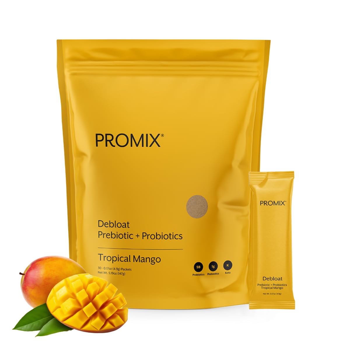 ProMix Nutrition Debloat Prebiotics and Probiotics Immune Support Supplement for Digestion, Cortisol Health, Gut Cleanse - Mango - 30 Servings (Pack of 30)