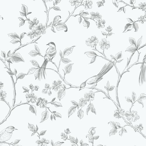 Yomshi Papel Pintado Autoadhesivo Pájaros Flores Papel Pintado Blanco Lámina Adhesiva Muebles Vinilo Impermeable Lámina para Muebles 41 cm x 3 m Papel Pintado para Dormitorio, Salón y Cocina