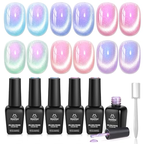 Image of Beetles Cat Eye Gel Nail Polish Set - Prismatic Mirage 6 Colors Summer Cat Eye Shimmer Glitter Gel Polish Kit Mermaid Pink Blue Purple Green 9D Holographic Soak Off UV Nail Art Gift for Women