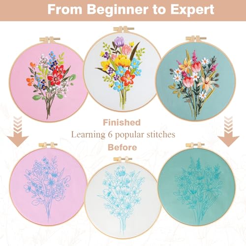 Image of RidaaFri Embroidery Kit for Beginners, Set of 3 Flower Pattern DIY Kits for Adults & Starter, Hand Embroidery Practice Set with Guide & Video Tutorial, Includes Hoop, Needles, Floss