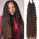 Long Deep Wave Crochet Hair Ocean Wave Braiding Hair 24 Inch 2 Packs Curly Wavy Hair for Boho Braids Synthetic Hair Extensions Balayage Brunette to Auburn Bohemia Hairstyle (T1B/4/33#)