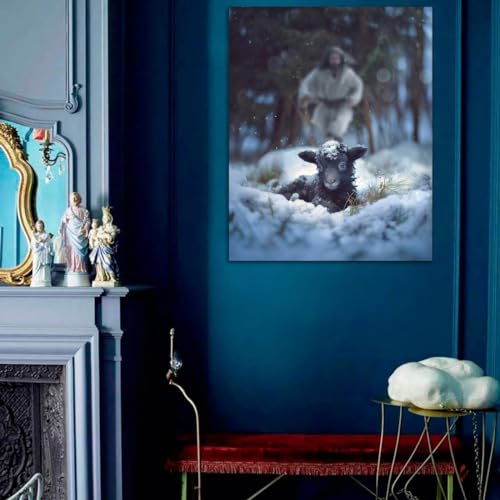 Image of Jesus and Lamb Canvas Wall Art Jesus Runs for the Lost Sheep In Winter Forest Picture Wall Art Canvas Print Christian Home Decor 12x16 inch