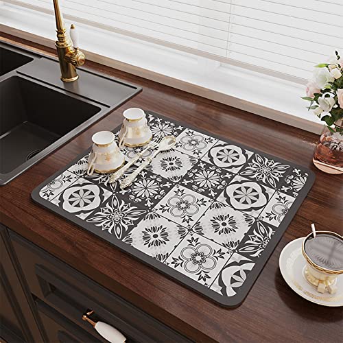 NeuWee Tappetino Scolapiatti, Scolapiatti da Lavello Super Assorbente, Antiscivolo Resistente al Calore Tappetino per Asciugare i Piatti, Tappetino per Macchina da Caffè, 30x40cm (Grigio Stampa)