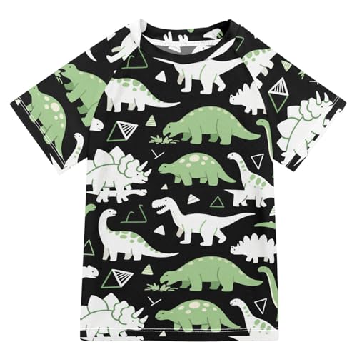 Cute Dino Light Green Black Short Sleeve Little Girls Bathing Suitt Girls Rash Guard Swimsuit Rash Guard Boys for 3-12 Years Traje de Banos para ninas
