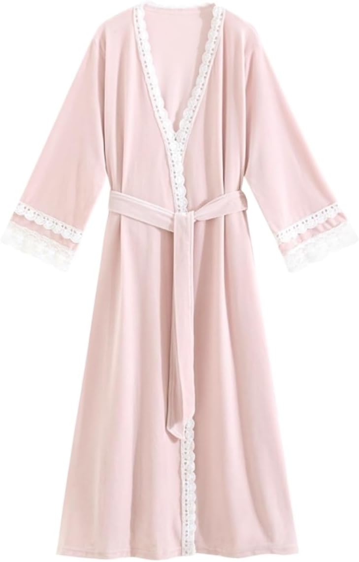 Bathrobe Sleepwear Lingerie， Women's Lace Bathrobe Velvet Lounge Sleepwear Robe With Pockets Warm Cozy Nightgown Sleepwear