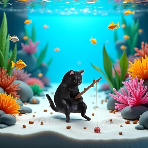 Image of BWESOO Black Fish Tank Landscaping Cartoon Fishing Cat Ornaments Aquarium Accessories Household Supplies Home Office Decorations Fishing Cat Figurine Ornaments Aquarium Decor