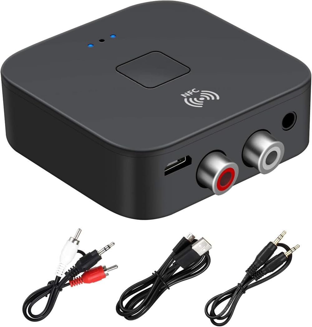 Bluetooth 5.0 Receiver for Home and Car Stereo - RCA, 3.5mm AUX, NFC Wireless Audio Adapter, Extender (Black)