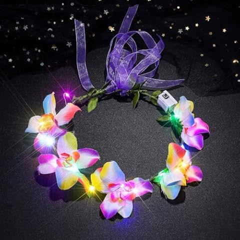 Haomye Light Up Flower Headband Crown Hawaiian Led Tropical Floral Wreath Headbands Hair Accessories Beach Costume Photo Props Cover