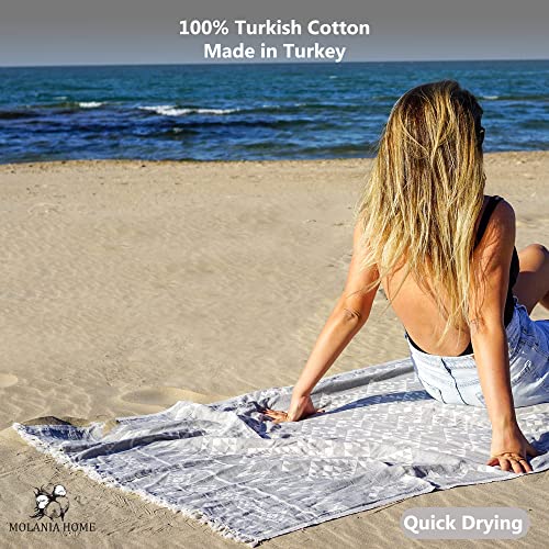 Molania Home Turkish Beach Towel Oversized 37X72, Quick Dry Soft Beach Blanket Large, 100% Organic Turkish Cotton Sand Free, Turkish Bath Towels For Beach, Spa, Pool, Bathroom And Picnic-Ethnic Grey #TOP2
