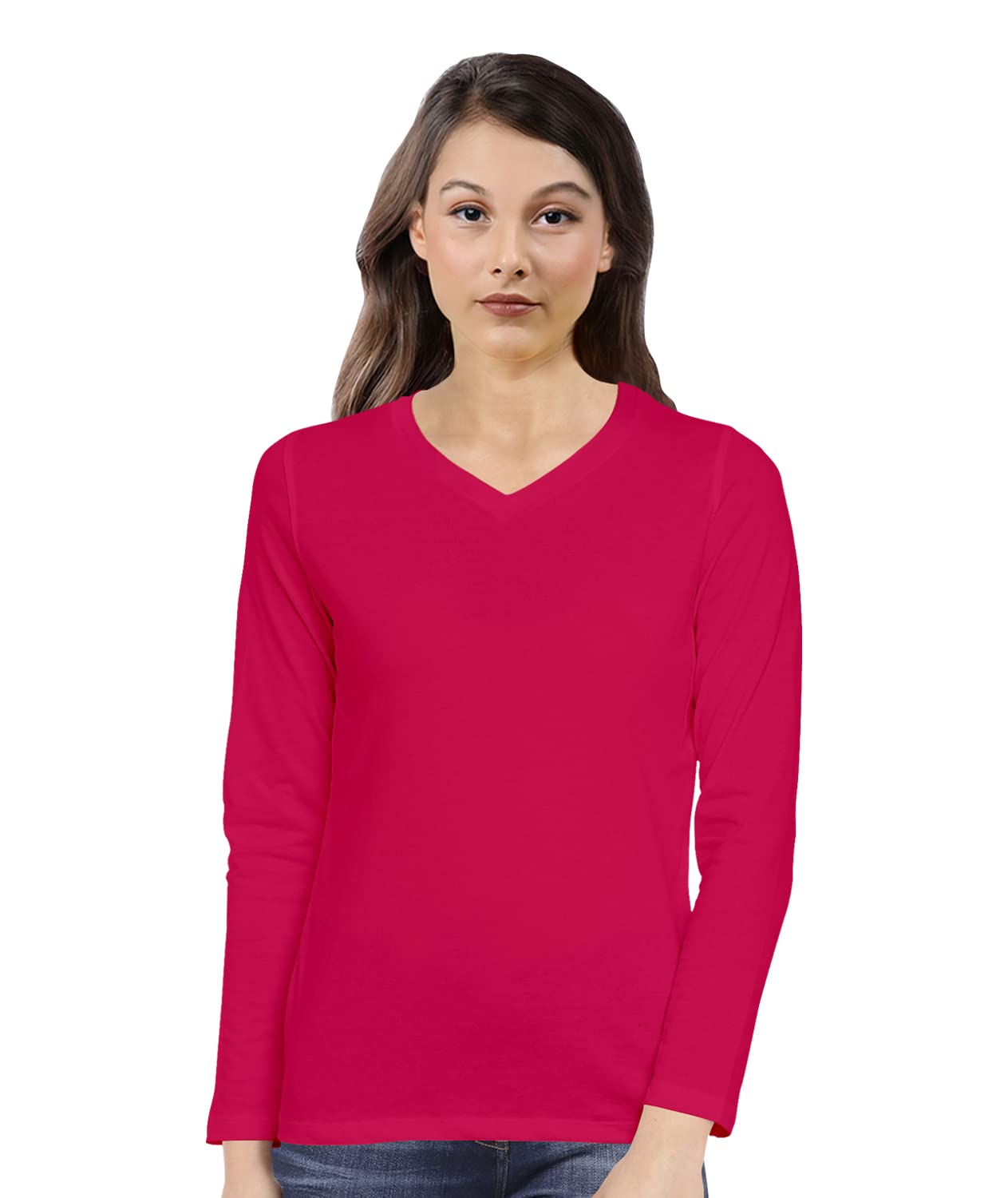 Cricmarket Women Plain 100% Cotton V Neck Full Sleeves Multicolour T Shirt. Casual, Trendy, Stylish Tshirts and Tops-picture-44