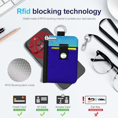 Image of Minimalist RFID Blocking Small Wallet with ID Window,WaterResistant Zip Id Case Wallet with Lanyard Keychain for Cards,Cash,Travel,Women,Men (Sapphire Blue /Lake Blue)
