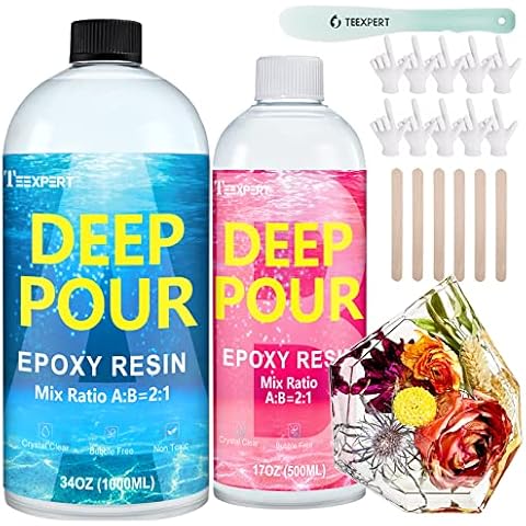 Teexpert Deep Pour Epoxy Resin, 51oz Epoxy Resin Kit for 2-4" Pour Depths, Crystal Clear & High Gloss, Bubble-Free Casting Resin for Flower Preservation, River Tables and Mold Crafts - 2:1 Mix Ratio Cover