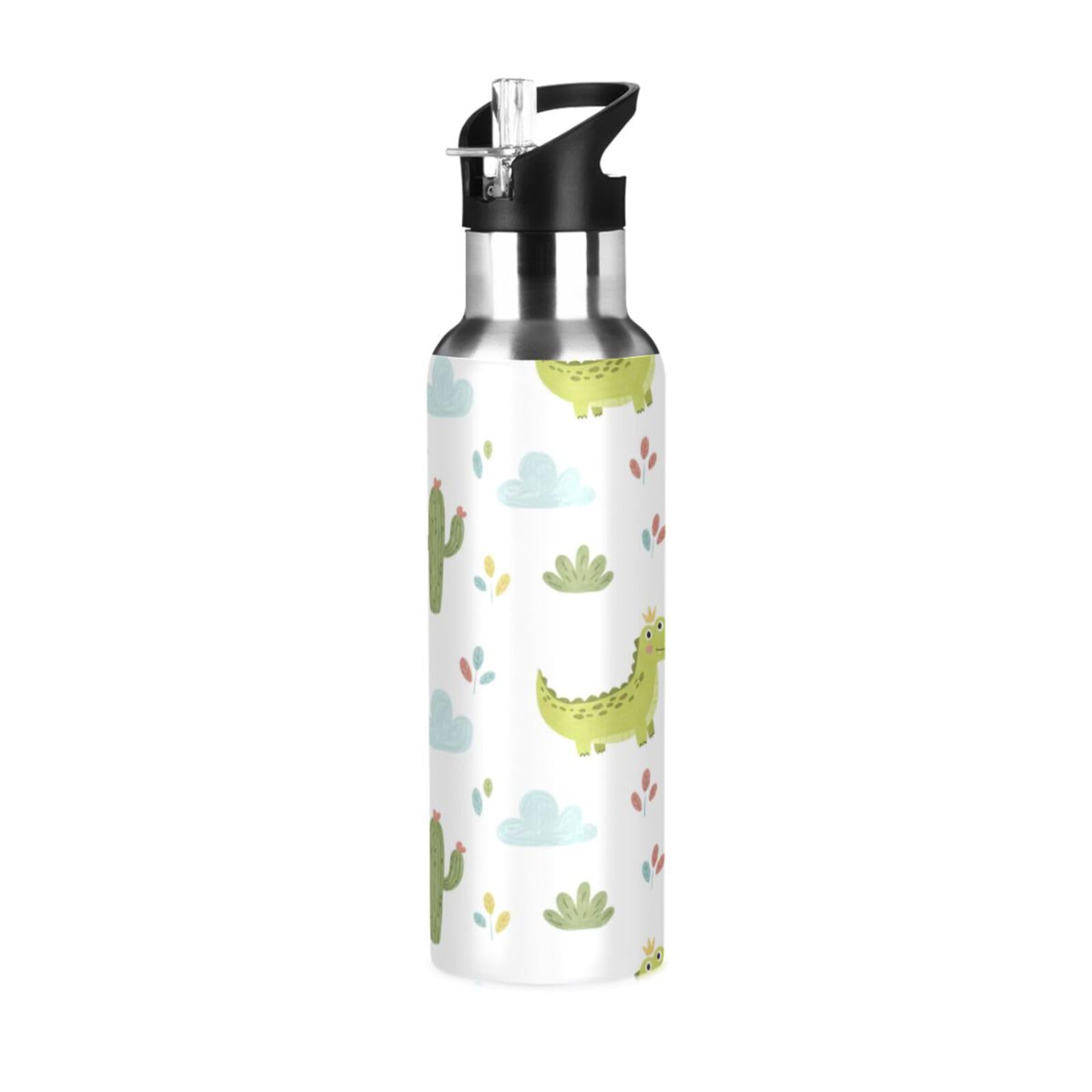 BOESI Cactus Crocodile Pattern Insulated Water Bottle 600ml, Stainless Steel Vacuum Sports Bottle with Straw, Leak Proof Thermal Bottle for Gym Travel Outdoor
