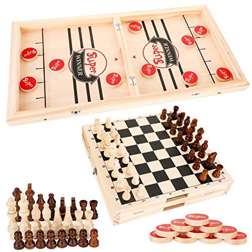 Foldable Fast Sling Puck Game, International Chess 2 in 1, Paced Winner Board Games Toys for Kids & Adults, Large Size
