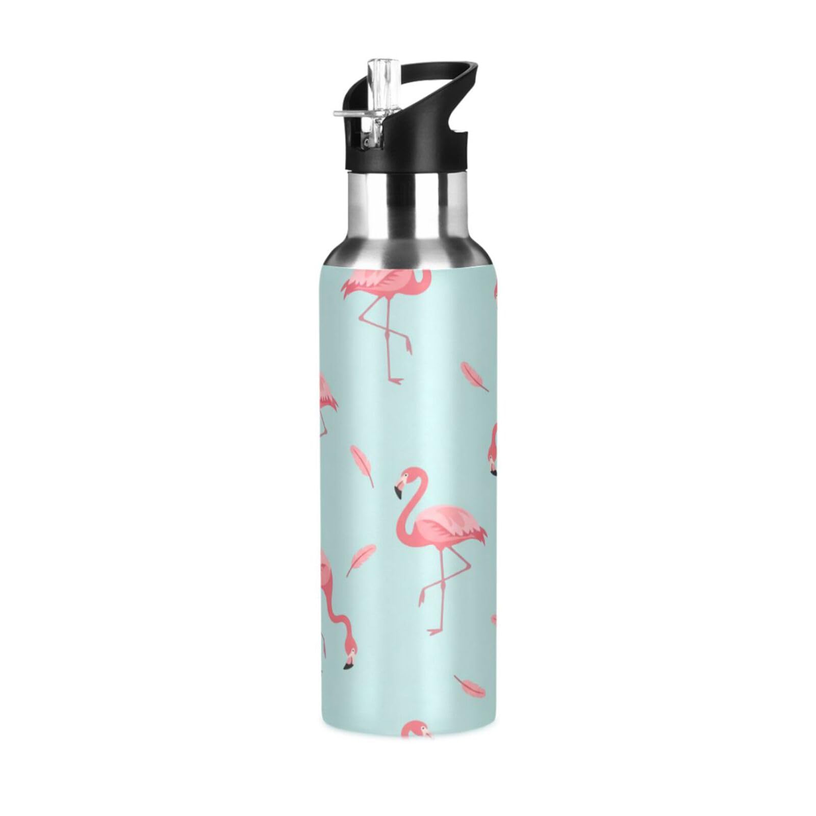 BOESI Flamingos and Feathers Insulated Water Bottle 600ml, Stainless Steel Vacuum Sports Bottle with Straw, Leak Proof Thermal Bottle for Gym Travel Outdoor