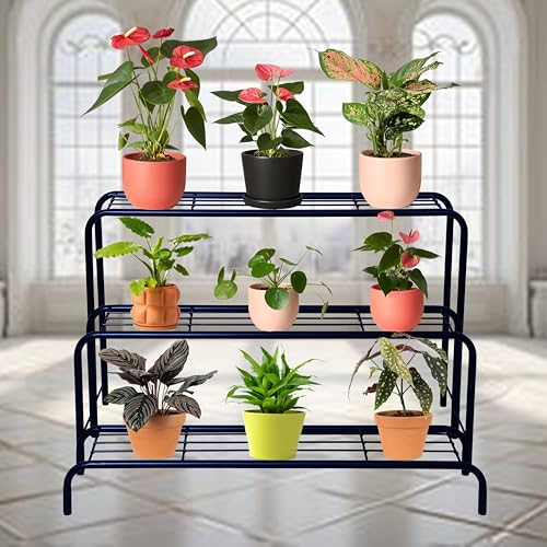 D&V Engineering Metal Planter Stand | 3-Tier Flower Pot Rack for Indoor & Outdoor Use | Home, Garden & Balcony | Sturdy & Stylish | Black | No Assembly Required