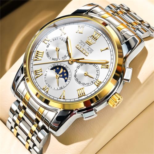 Image of OLEVS Mens Automatic Watch Mechanical Self Winding Luxury Business Dress Moon Phase Stainless Steel Calendar Wrist Watches for Men Waterproof Luminous