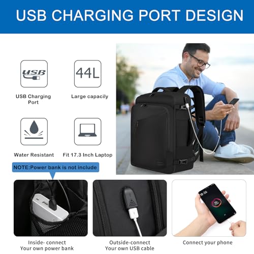 Handgepäck Rucksack 55x40x20 Groß 44L Reiserucksack für Flugzeug Handgepäck Tasche Laptop Rucksack 17 Zoll mit USB Ladeanschluss Reisetasche für Herren Damen,Schwarz