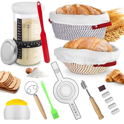 Kit Banneton pour Pain 14 Pièces, 2 Paniers Fermentation En Rotin Naturel avec Doublure Tissu, Lame à Pain, Grattoir, Pinceau, Pot à Levain et Outils De Marquage, Accessoires Boulangerie Artisanale