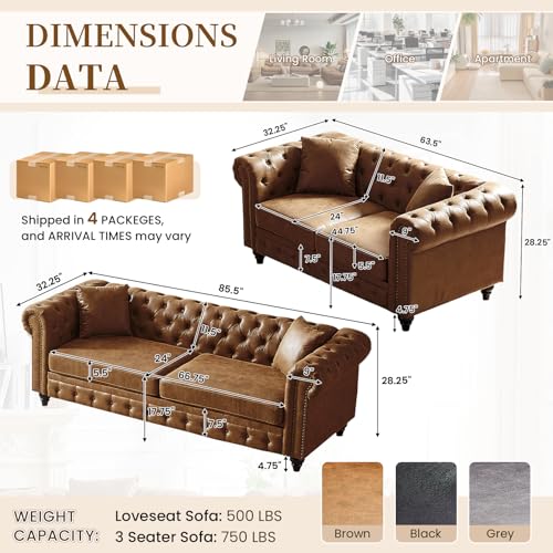 Image of 2 Piece Living Room Sofa Set,Faux Leather Button Tufted Couch and Loveseat Set with Nailhead Trim&Roll Armrests,Mid Century Modern Chesterfield Sofa for Living Room,Office(Loveseat+3 Seater,Brown)
