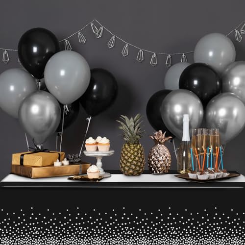 Image of 1Pcs Black Silver Tablecloth Party Decorations,Plastic Black Table Cloth Printed Silver Table Runner Disposable Rectangle Table Cover for Birthday Anniversary Wedding Graduation Party,54 x108 Inch
