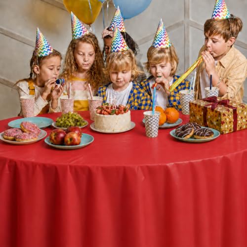 Image of Party Dimensions Red Disposable Plastic Tablecloth, Round, 84 inch, 12 Pack | Disposable Waterproof Table Cover for Birthdays, Weddings, Graduations, Picnics & BBQs, Indoor /Outdoor, Fits Tables up to 72 inch