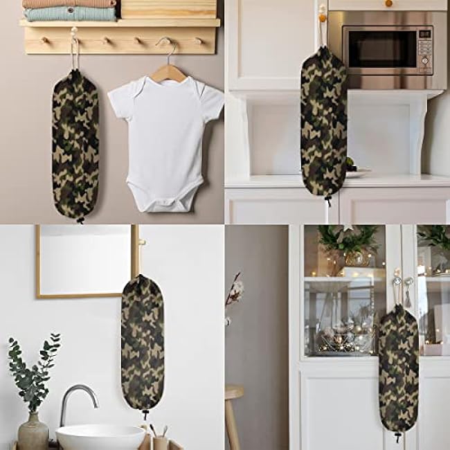 Green Brown Camouflage Plastic Bag Holder Wall Mount Plastic Bag Organizer Large Grocery Bag Storage Dispenser Reusable Shopping Bags Carrier for Home Kitchen Travelling