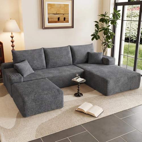 Image of 95 inch Cloud Sectional Couch with Ottoman,Modern U-Shaped Cloud Couch with Deep Seat,Comfy Corduroy Sofa,Memory Foam Sofa for Living Room,No Assembly (Dark Gray,Right-Facing Chaise)