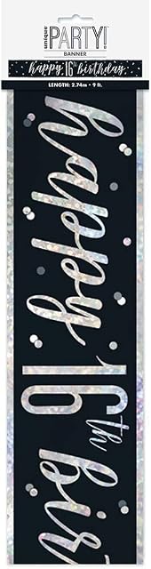 Unique 83464 Black Prismatic 16th Birthday Foil Banner, 108" 1 Pc, Age 16