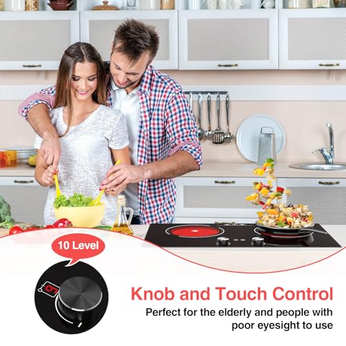 Image of Electric Cooktop 2 Burner, GTKZW 24 inch Electric Stove, 2400W Hot Plate Double Burner, Knob Control Countertop & Built-in, 9 Power Levels, Child Lock, Timer, Suitable for All Pans