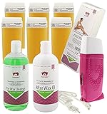 6x Honig Wachspatronen je 100 ml mit breitem Roll On Aufsatz (Breit 45 mm) Kosmetex | mit 100x großen Streifen/ Vliesstreifen 20 x 7 cm Kosmetex