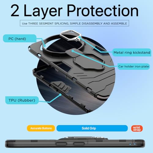 Image of Pikkme Back Cover for Nothing Phone 3a Pro 5G | 360 Protection Case | Ring Holder Stand D5 Tough Armor Bumper Case (Black)