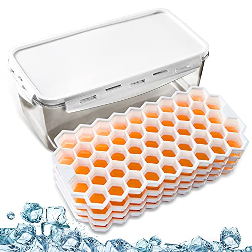 Lot de 4 bacs à glaçons en silicone avec couvercle hermétique - 188 glaçons en forme de trapèze - Orange Cover