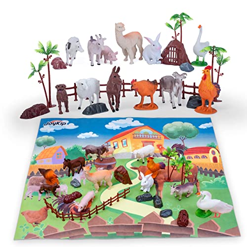 JoyKip Bauernhoftiere Spielfiguren Set mit Spielmatte für Kinder ab 3 Jahren, Spielzeug Figuren- Hund, Pferd, Lama…
