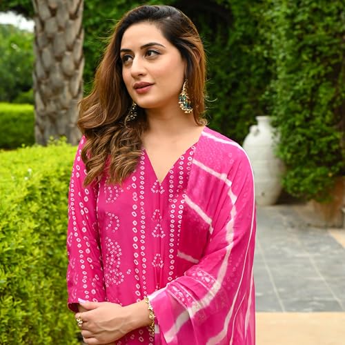 Image of ANNI Designer Women's Rayon Blend Straight Bandhej Printed Kurta with Pant & Dupatta
