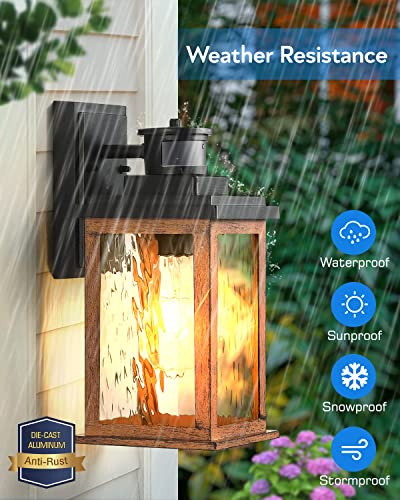 Image of VIANIS Motion Sensor Outdoor Light, Dusk to Dawn Outdoor Lighting for House | Anti-Rust, Weather Resistant, Farmhouse Wood Grain Garage Lights, Lantern Wall Mount, Waterproof Porch Sconce for Entryway
