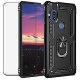 YaHan for Motorola Moto One Hyper Case,360 Degree Rotating Ring Kickstand Hybrid Heavy Duty Dual Layer Shockproof Defender Hard Back Case Cover with Tempered Glass Screen Protector, Black