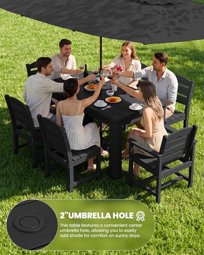 Image of SERWALL 59 inch Outdoor Dining Set for 8, HDPE Dining Set, Black | Include 2 Rectangular Tables and 8 armless Chairs, All Weather Dining Sets for Garden, Backyard