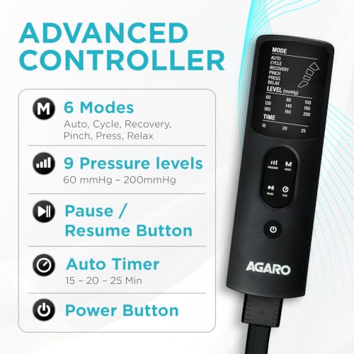 Image of AGARO Regal Air Compression Leg Comforter for Muscle Relaxation, Relief & Blood Circulation, Full Leg (Feet, Calf & Thigh) Compression Therapy, 6 Modes, 9 Intensity (upto 200 mmHg), 3 Timers, Reduces Swelling & Muscle Stiffness, (Large)