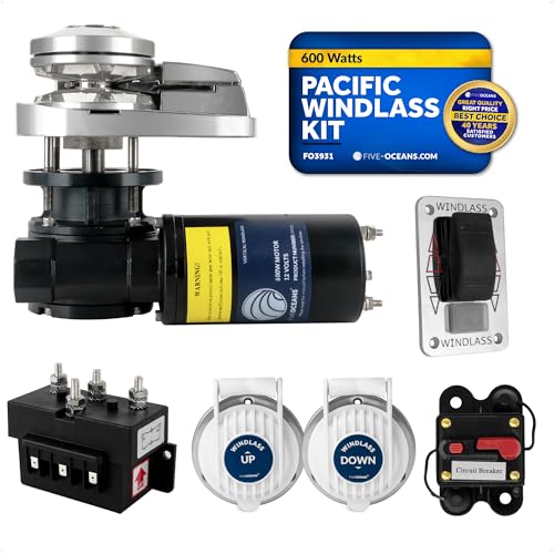 Five Oceans Vertical Windlass Kit, Boat Anchor Windlass Pacific 600 Watt, 12V DC, Max Limit Pulling Power 992 Lb / 450 Kg, Solenoid, 60A Circuit Breaker, Up/Down Foot Switch and Rocker Switch - FO3931