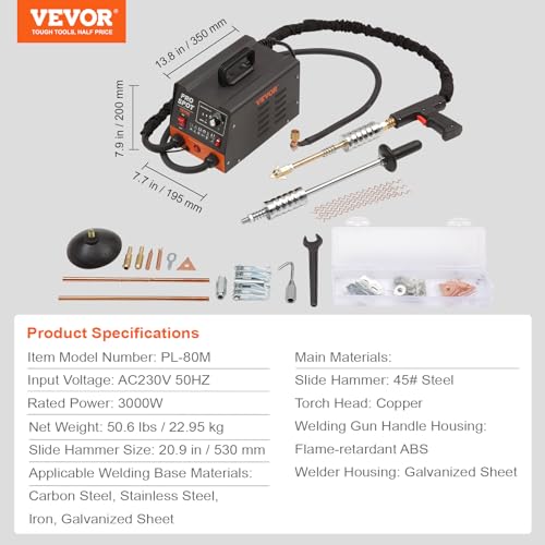 VEVOR Spot Welding Machine Dent Spotter 3kW Bolt Welding Machine Dent 6-in-1 Welding Machine with Overheating Protection System Body Spotter 1.2 mm Welding Thickness for Carbon Steel Stainless Steel
