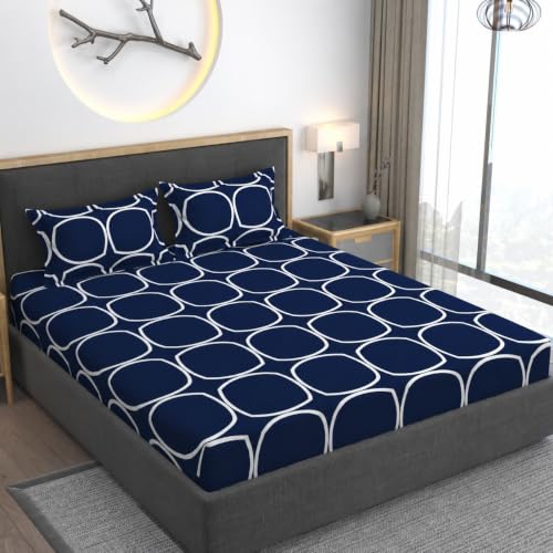 Image of Vaini Premium Heavy Cotton Elastic Fitted Bedsheets with 2 King Size Pillow Covers || Double Bed with All Around Elastic 350 (Blue Round, 72x72 Inch King Fitted)