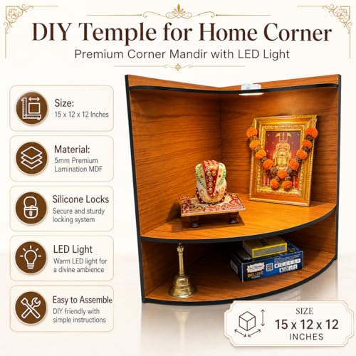 Image of Zesta Wooden Mandir for Home Big Size | DIY Pooja Mandir with LED Spot Light | Devghar Cabinet for Living Room or Office | Wall Mounted Pooja Unit for Home (Mandir for Corner)