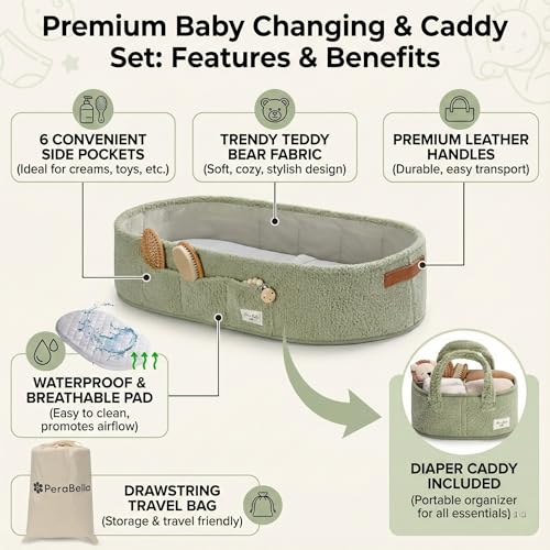 Image of PeraBella Baby Changing Basket for Dresser Top, Baby Moses Basket for Newborn, Portable Diaper Changing Pad Table Topper for Dresser, Includes Diaper Caddy Organizer with Handle, Moses Bassinet Mat