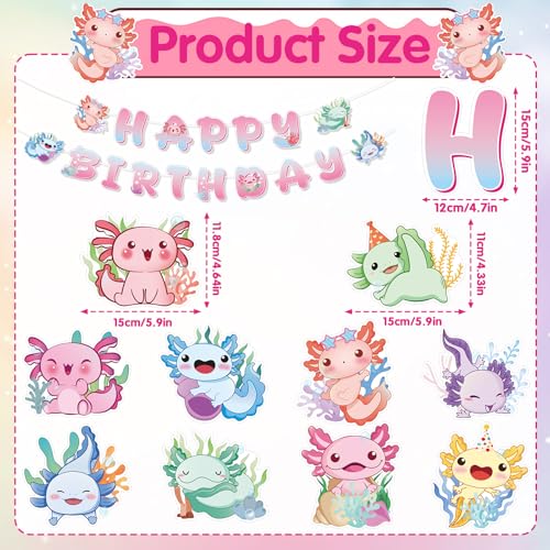 Image of Gameza Colorful Axolotl Birthday Decorations - 12PCS Axolotl Party Decorations Happy Birthday Banners Hanging Swirls Cute Funny Pink Blue Green Yellow Animals Themed Party Decor Supplies