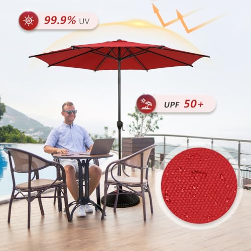Image of Abba Patio 9FT Lyon Outdoor Patio Umbrella Outdoor Table Umbrella with Push Button Tilt and Crank Market Umbrella 8 Sturdy Ribs UV Protection Waterproof for Garden Deck Backyard Pool Dark Red