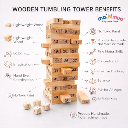 Image of Wooden Tumbling Tower Number Game Blocks Set 54 PCS- Mini Stacking tower for Indoor Stacking & Balancing Play,Building Block,Party Game,Brain Teaser-4 Dices (Medium with Premium Potli /Storage bag)