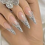 24pcs Fake Nails Glossy Pure Color Nude Rhinestones Glitter Luxury Long Stiletto Almond Press on Nail False Tips Artificial Finger Manicure for Women and Girls Acrylic False Nails Full Cover Nails